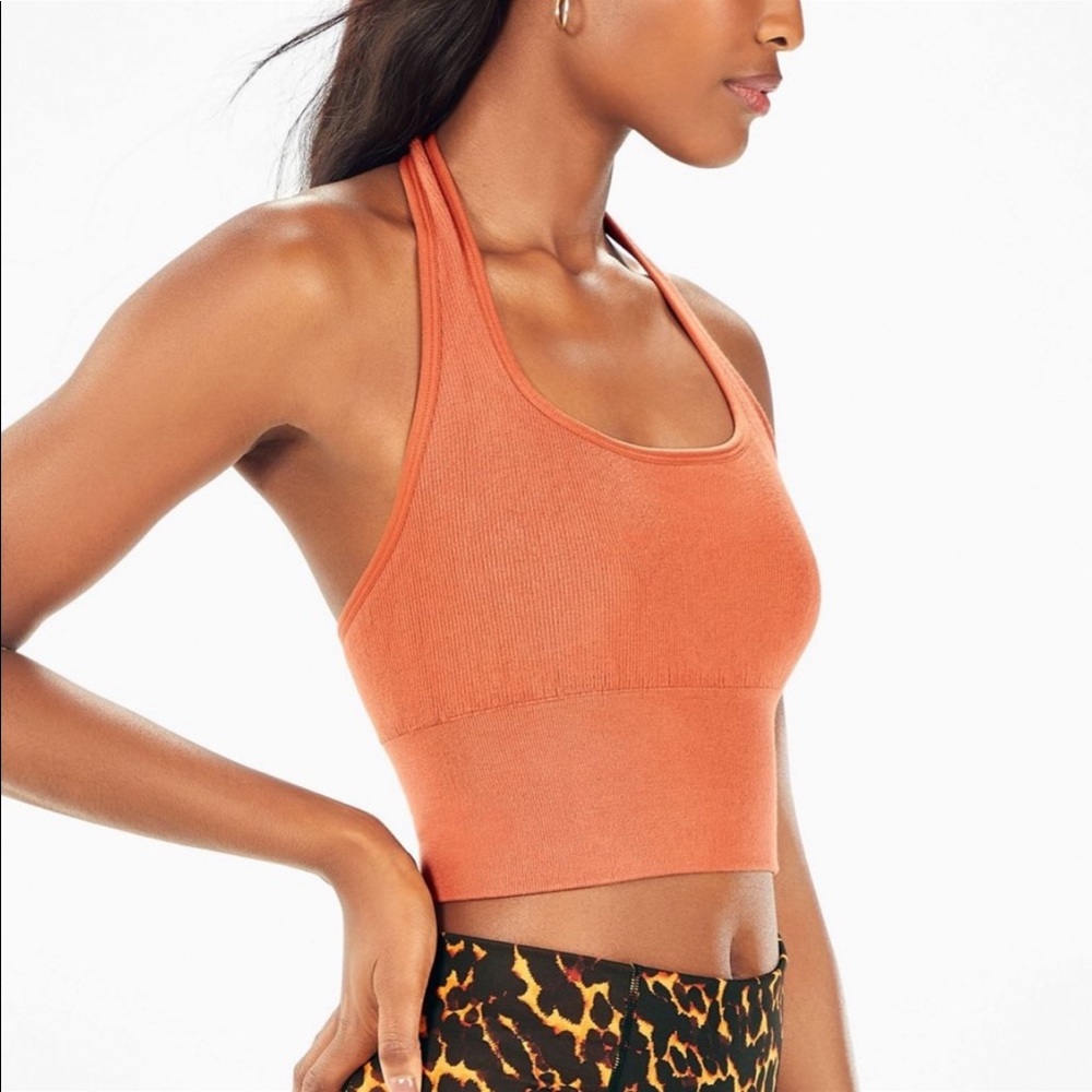 NWOT Fabletics Piper Seamless Ribber Halter Bralette Bra Crop Burnt Orange Small